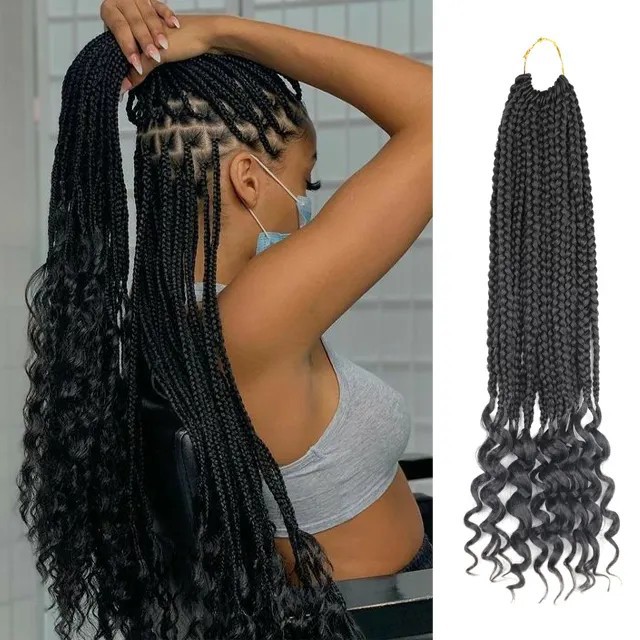 假发化纤钩针发三股辫缠尾Curly Ends Wavy Chet Box Braids