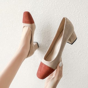 网红舒适圆头牛皮休闲单鞋 中高跟浅口鞋 粗跟工作鞋 新款 女2027春季