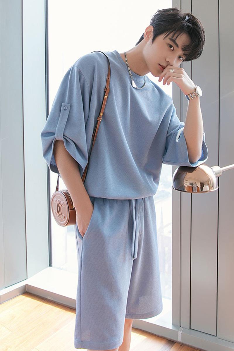 厂货直供 男装休闲男士设计纽扣短袖少年潮流运动短裤套装男夏季