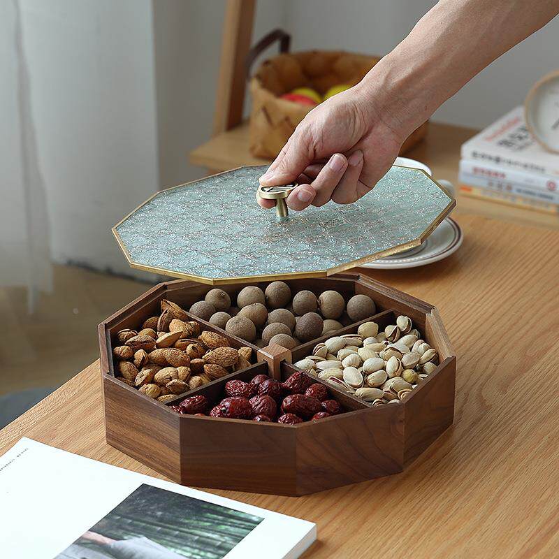 实木干果盘新中式客厅家用分格带盖过年果盒坚果糖果收纳盒水果盘