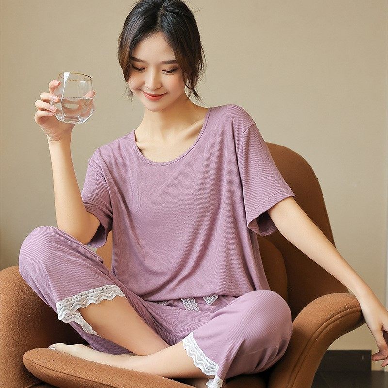 莫代尔睡衣女夏季短袖七分长裤家居服夏女蕾丝夏天女生居家套装女