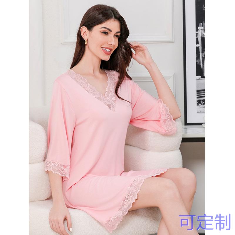 蕾丝V领莫代尔棉居家服睡衣女大码宽松外贸七分袖睡裙