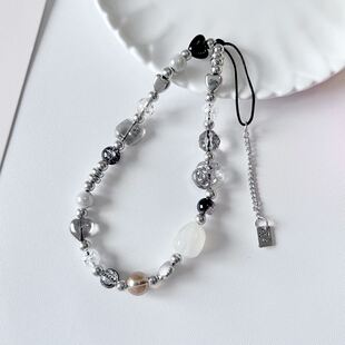 ins甜酷灰色玫瑰花手机链短款小众黑白色系复古挂绳ccd相机挂件