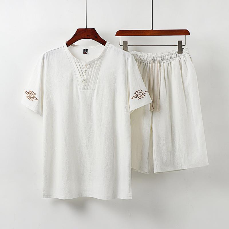 中国风亚麻唐装男加肥加大码休闲运动套装九分裤胖子棉麻2件套男