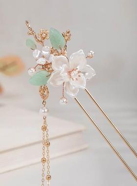 汉服头饰古风山茶花发钗流苏发簪国风簪子中国风发饰16.9GF015