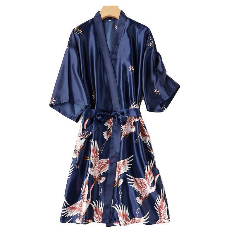 COUPLE PAJAMAS WOMENS SPRING AUTUMN AND SUMMER LONG CRANE NIGHTGOWN MORNING ROBE BRIDE ICE SILK BATHROBE SEXY HOME SERVICE KIMONO