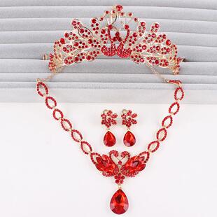 新娘头饰红色项链耳环二件套韩式婚纱礼服配饰发饰定制