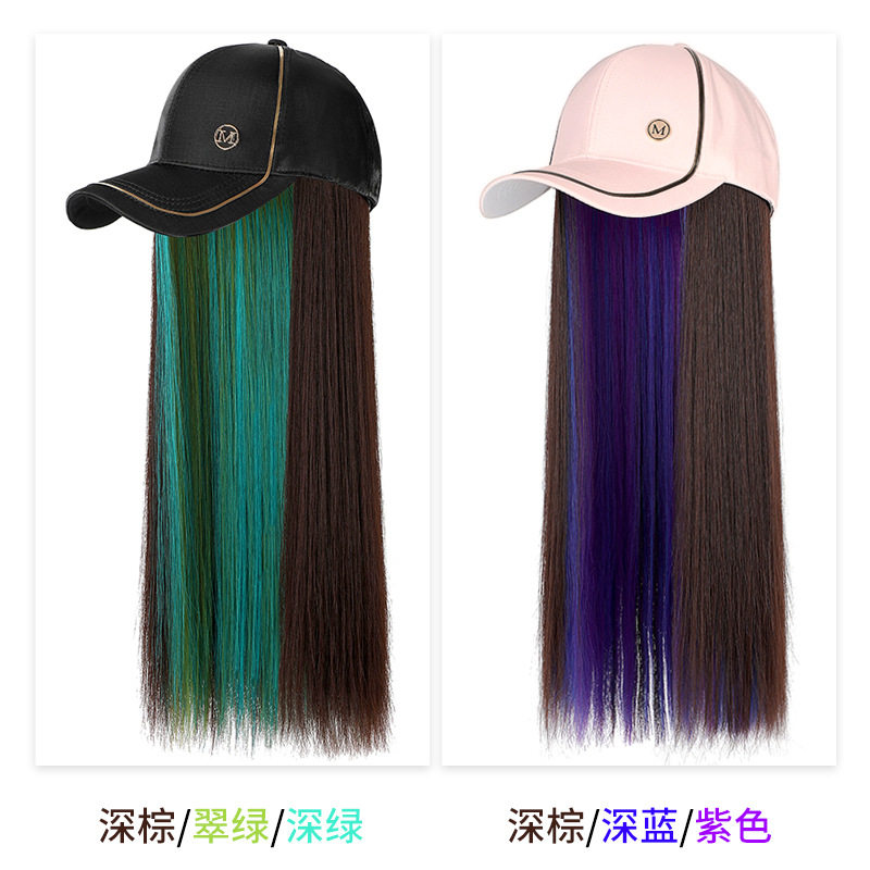 一体假发帽时尚逼真挑染三色长直发棒球帽帽子假发