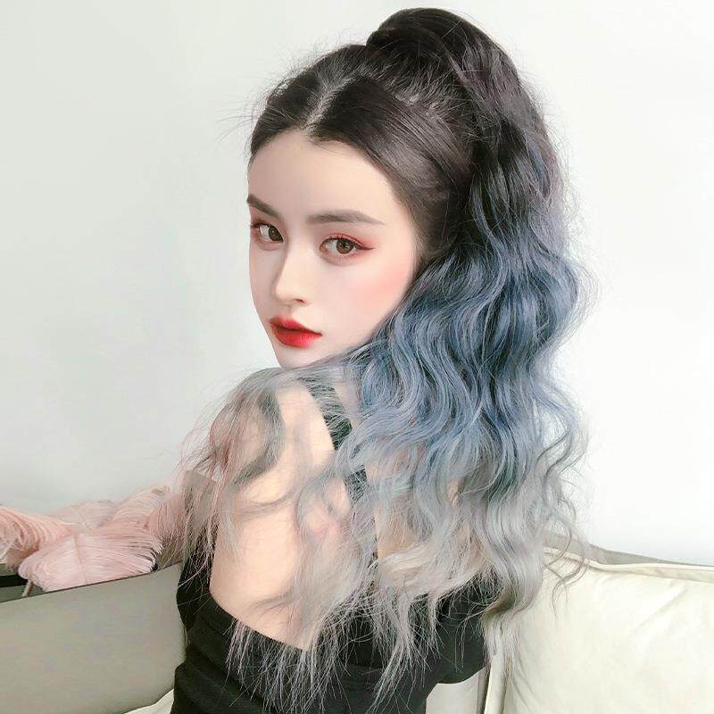 假发马尾女长发抓夹式时尚渐变雾霾蓝灰玉米须水波纹卷发厂家