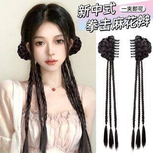 新中式发包麻花辫子抓夹国风辣妹仿真发双麻花拳击辫甜酷马尾编发