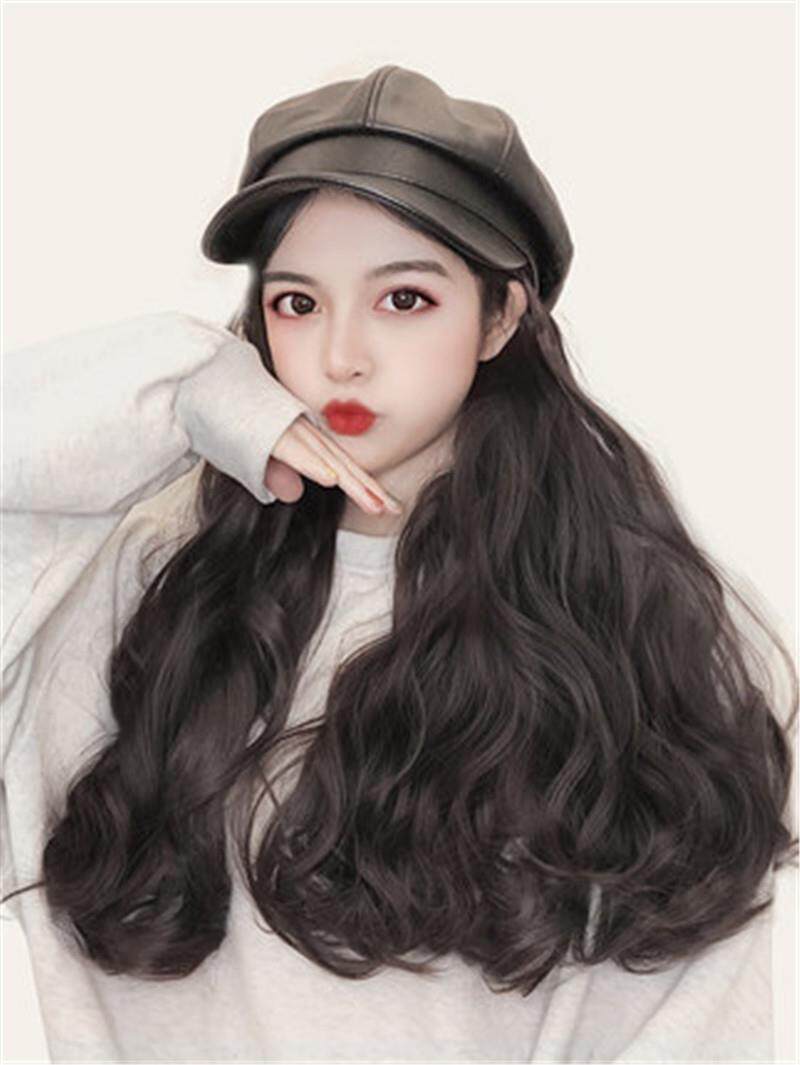 网红假发帽子发带头发八角帽女春夏季韩版潮流时尚一体长卷发pu皮
