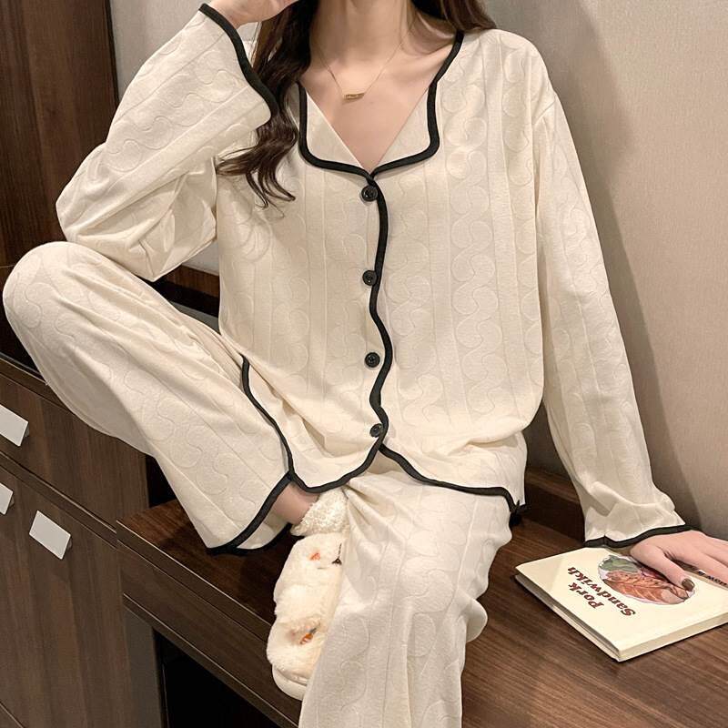 孕妇睡衣提花拉架棉春秋季月子服V领哺乳喂奶套装产后休闲家居服