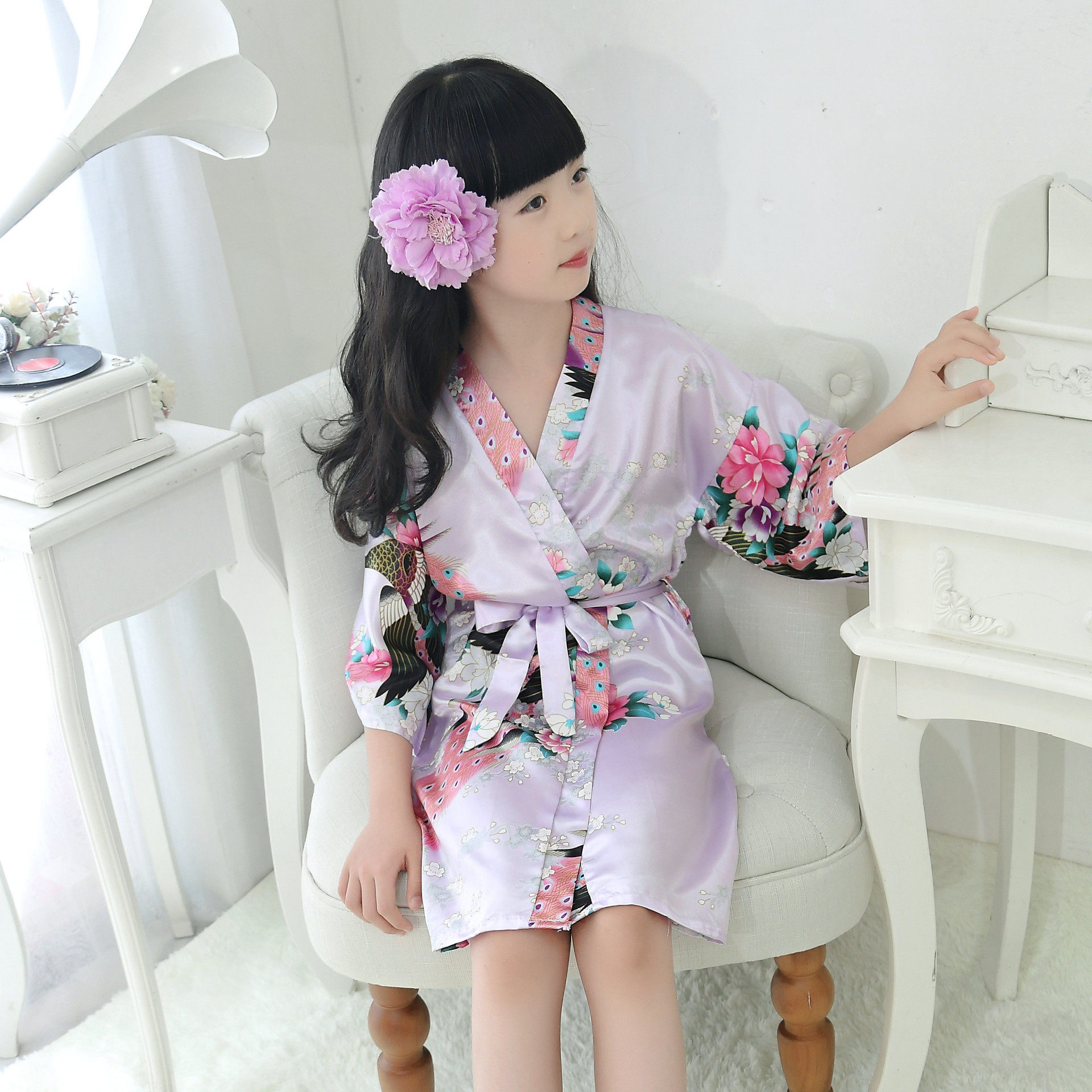 外贸丝绸儿童孔雀和服睡袍睡裙睡衣浴袍女宝家居袍