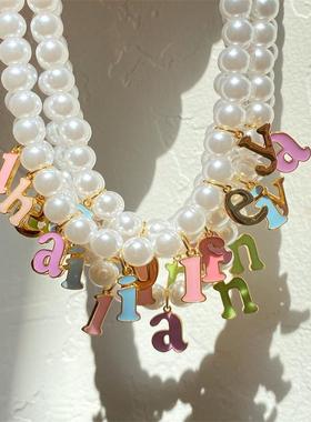 现货26个字母项链糖果色滴油吊坠不锈钢电镀真金14K串珠链条定制