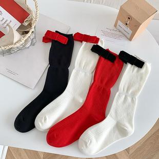 袜子女日系lolita蝴蝶结长筒袜秋冬新年红色袜子搭配小皮鞋堆堆袜
