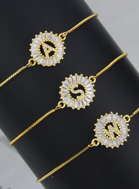 INS欧美小号26个字母链条手链现货直供镀金圆形锆石铜手环定制