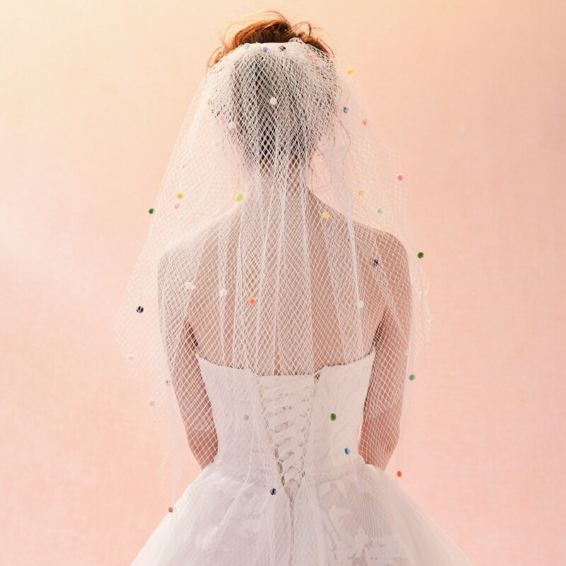 新款影楼造型新娘结婚婚礼婚纱搭配头纱短款双层硬网彩球带发梳