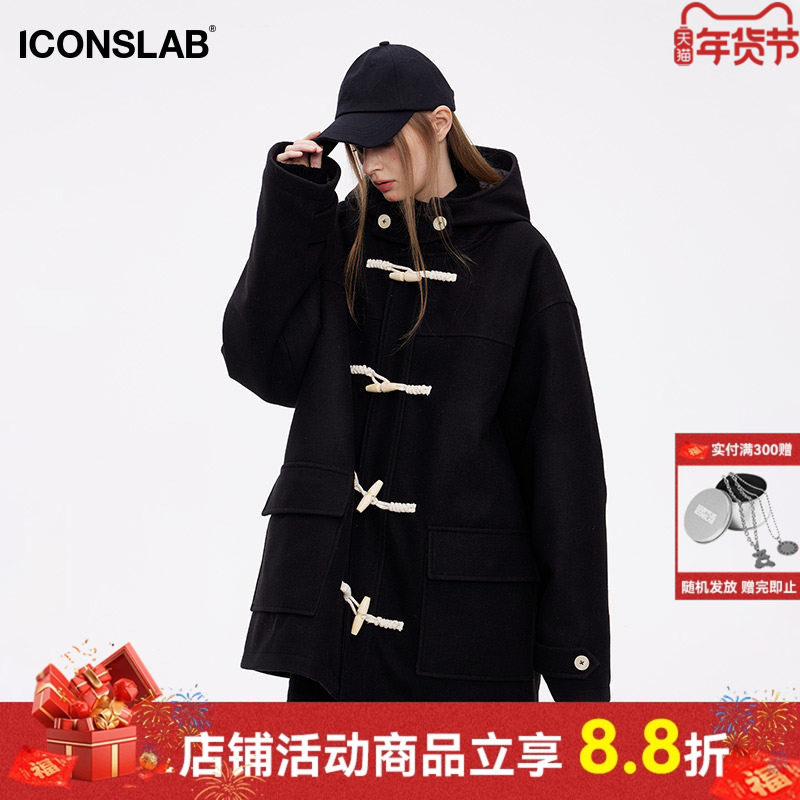 ics丨iconslab日漫女高牛角扣毛呢棉衣外套冬连帽宽松大衣学院风,男装,毛呢大衣,淘宝优惠券,粉丝福利购,淘宝优惠卷