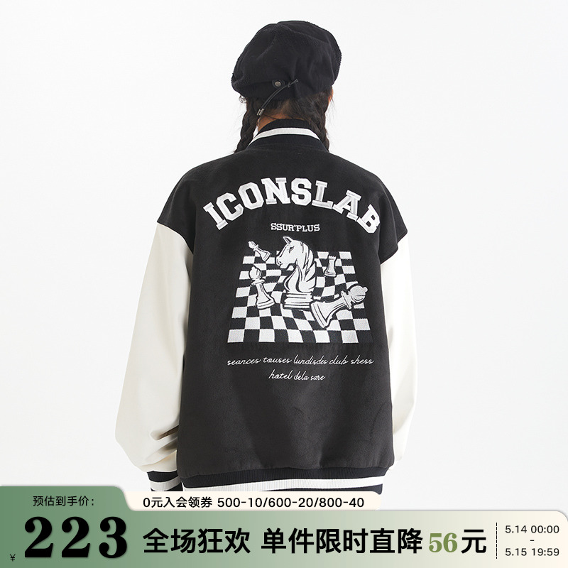 iconslab 扭曲棋盘重磅棒球服秋冬情侣棉服外套夹克潮