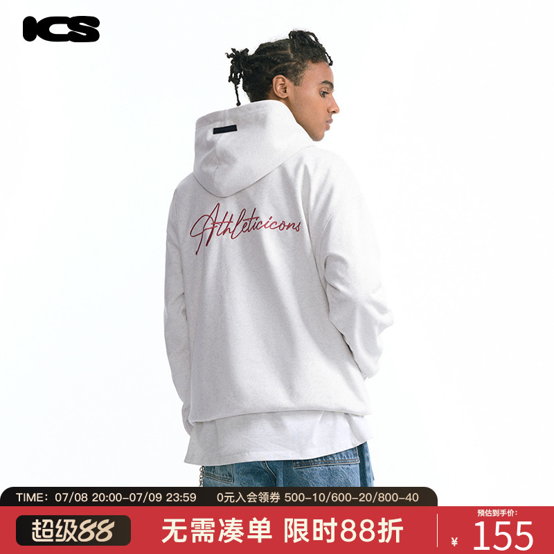 ics丨iconslab撞色手写字体2024秋连帽卫衣美式街头潮牌宽松上衣