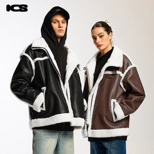 iconslab撞色毛边皮毛一体美拉风皮衣夹克立领羊羔毛外套冬 ics