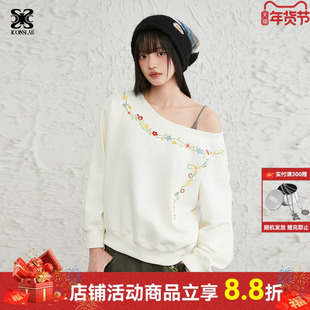ics丨iconslab潮牌学院风刺绣花卉项链休闲宽松套头卫衣情侣秋季