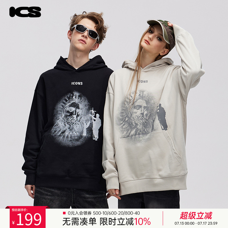 做旧人像印花连帽卫衣