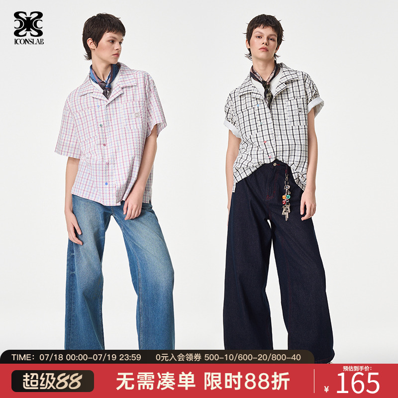 ics丨iconslab双排扣泡泡纱短袖衬衫夏季度假风撞色格纹休闲上衣