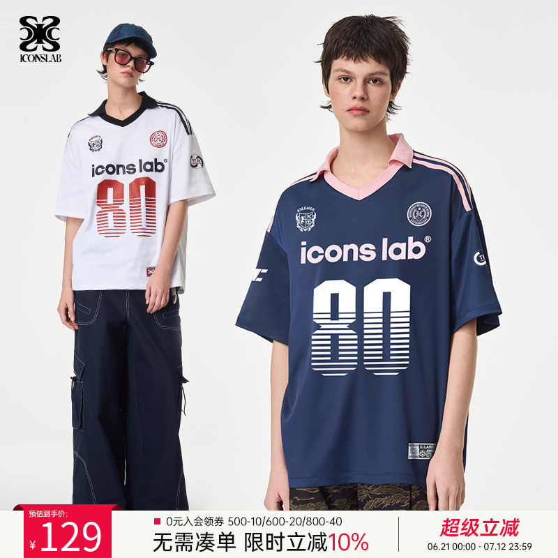 ics丨iconslab美式球衣T恤设计感字母数字撞色缎面polo领短袖上衣