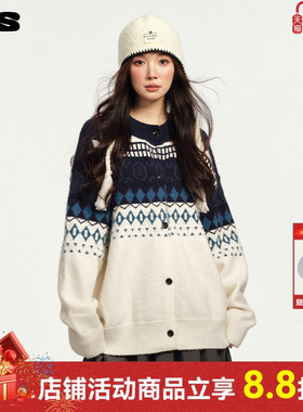 ics丨iconslab费尔岛重工提花开衫毛衣情侣秋冬宽松肌理撞色外套