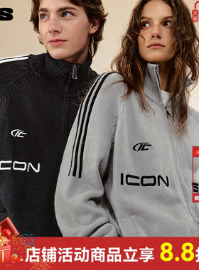 ics丨iconslab提花刺绣徽章立领条纹开衫毛衣百搭休闲情侣针织衫