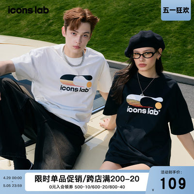 iconslab落日渐变C标凉感短袖T恤美式复古宽松情侣款上衣2024夏季