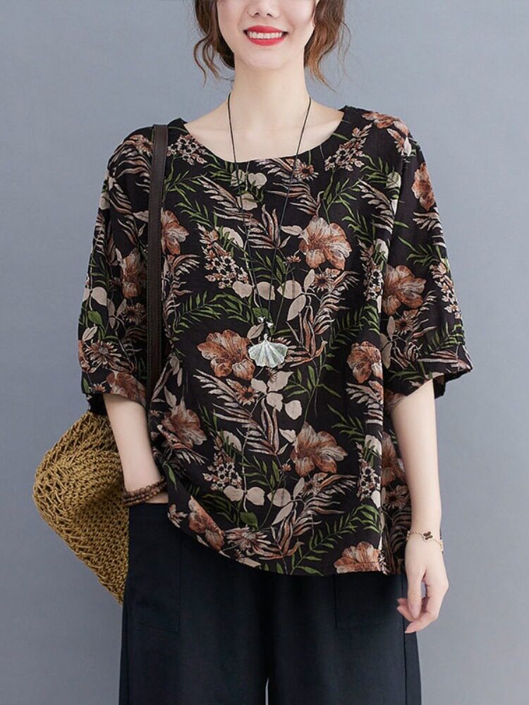 2024 SUMMER NEW LOOSE PLUS SIZE CARTOON PRINT AGE-REDUCING SLIM COTTON LINEN SHIRT WOMENS VERSATILE STAND-UP COLLAR TOP