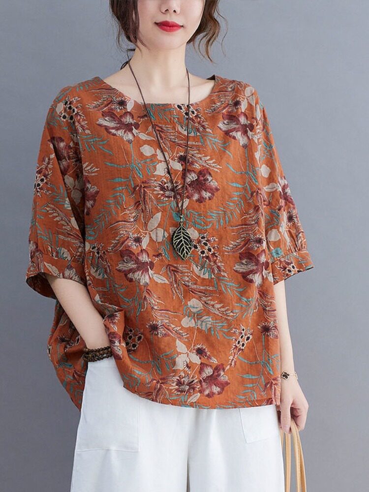 2024 SUMMER NEW LOOSE PLUS SIZE CARTOON PRINT AGE-REDUCING SLIM COTTON LINEN SHIRT WOMENS VERSATILE STAND-UP COLLAR TOP