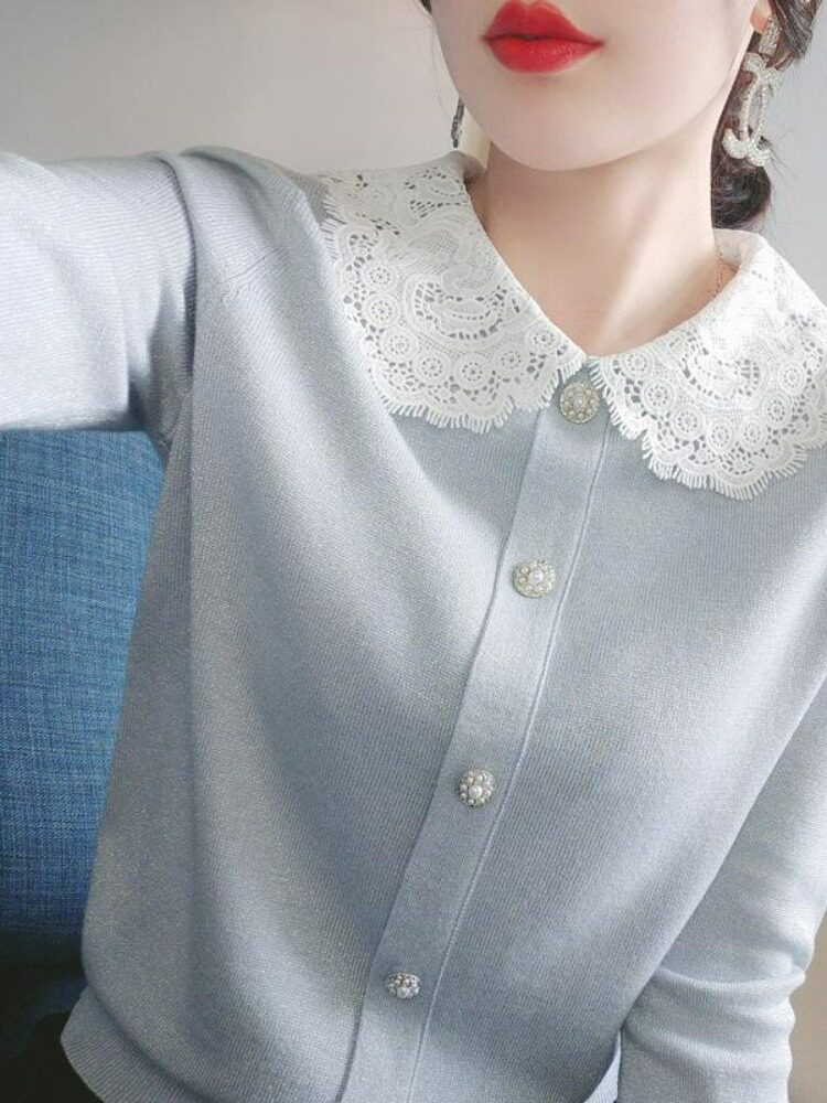 여성용 니트 스웨터 아우터 초봄 한국식 패치워크 레이스 크로셰 인형 칼라 버튼 다용도 소매 길이 심플