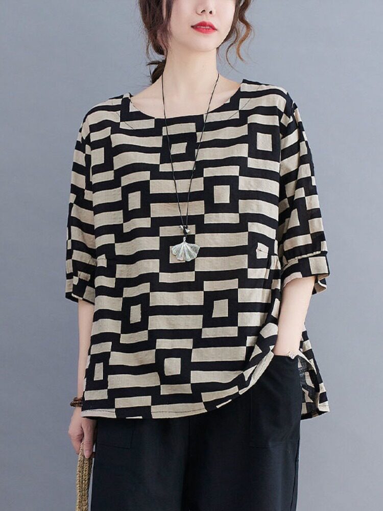 2024 SUMMER NEW LOOSE PLUS SIZE CARTOON PRINT AGE-REDUCING SLIM COTTON LINEN SHIRT WOMENS VERSATILE STAND-UP COLLAR TOP