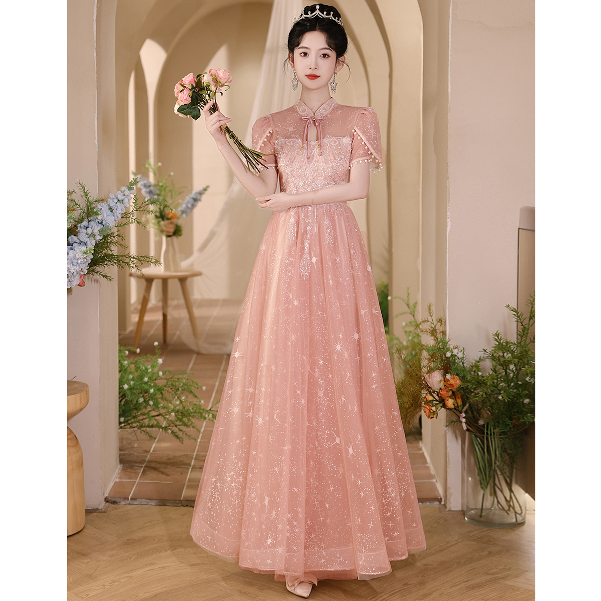 晚礼服女2025新款高级感轻奢小众高端新中式艺考主持人粉色礼服裙