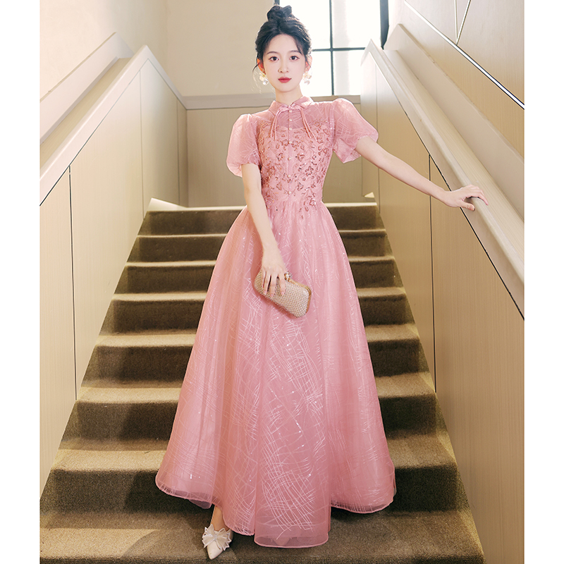 晚礼服女2024新款高级感轻奢小众高端法式年会新中式旗袍豆沙粉色