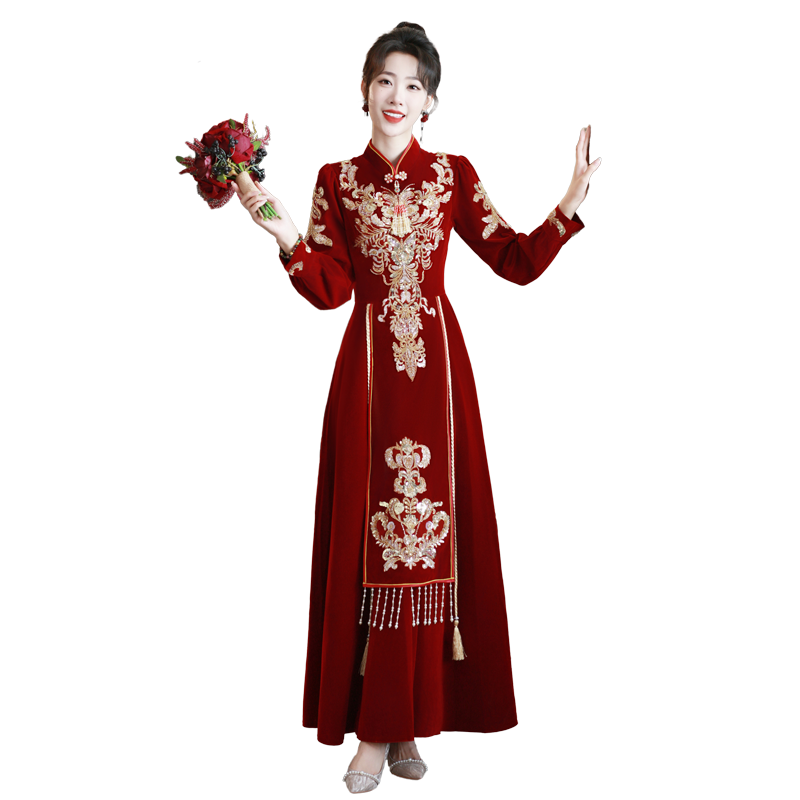敬酒服新娘新款冬季高级感红色中式订婚旗袍裙冬天结婚出阁宴礼服