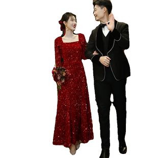 酒红色敬酒服新娘高级感订婚礼服女高端轻奢小众宴会主持裙九分袖