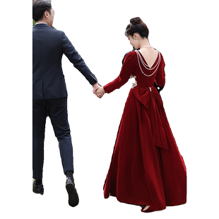 在逃公主敬酒服2024新款新娘订婚礼服裙红色高级感结婚女丝绒冬季