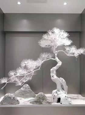 迎客松白色仿真树根雕树景观树木摆件新中式枯木枝干造景酒店假树