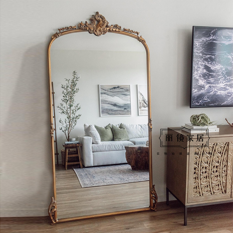 法式复古雕花全身镜欧式做旧试衣镜服装店穿衣镜壁挂美式落地镜子