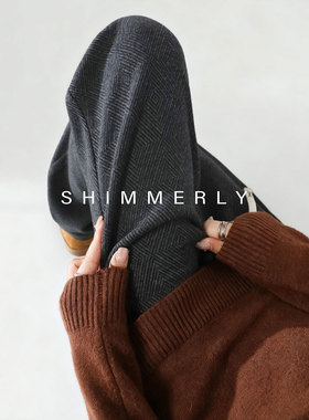 人字纹毛呢阔腿裤女秋冬加长灰色裤子慵懒风高腰垂感直筒加绒长裤