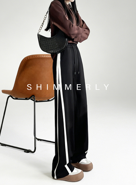 【率性穿搭】黑色窄版阔腿裤女高腰通勤直筒休闲条纹加长运动裤春