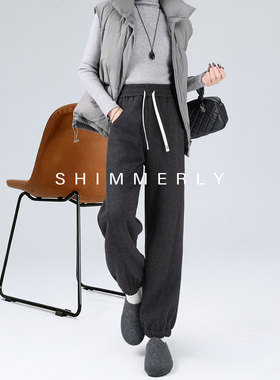 【人字纹绵羊毛】灰色加绒加厚束脚卫裤冬松弛感休闲羊羔绒运动裤