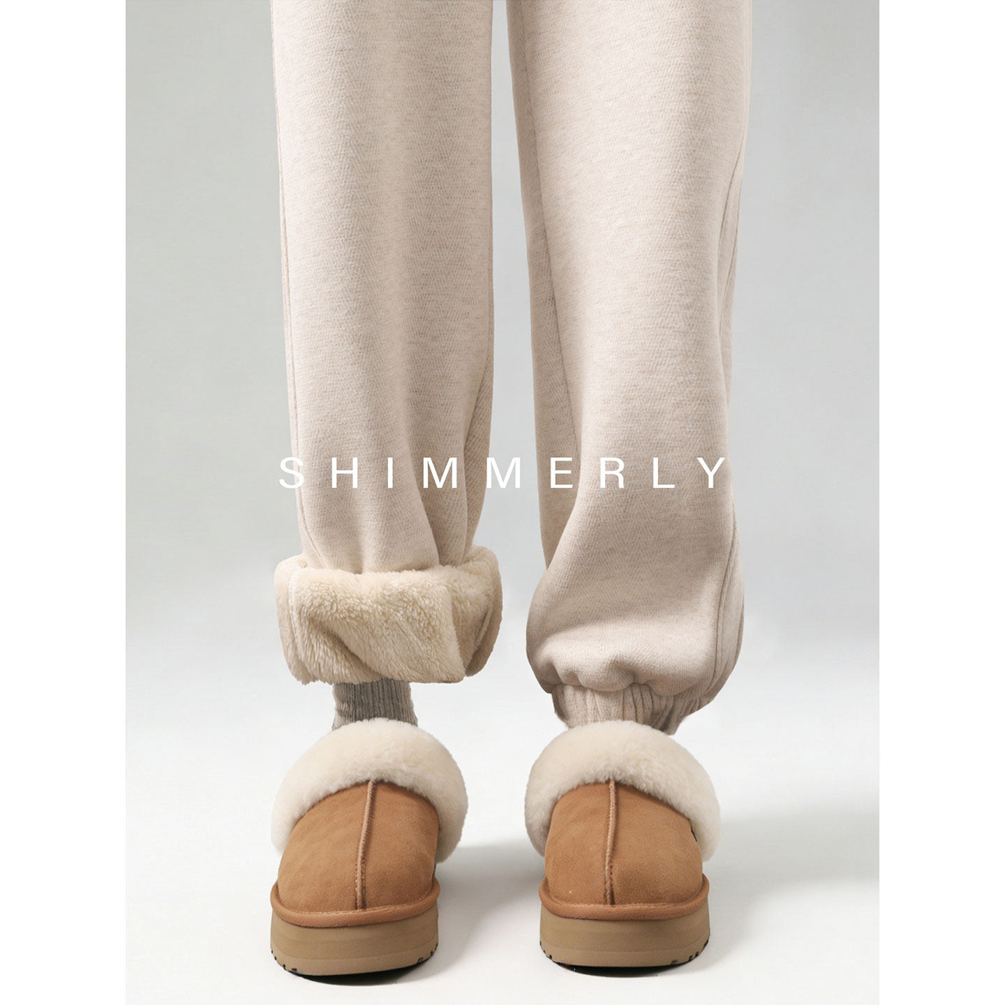 【雪乡专供】米白色羊羔绒卫裤女冬季加绒加厚灯笼束脚运动裤棉裤