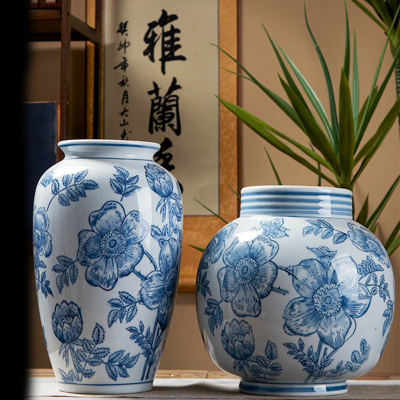 新中式青花瓷半手绘陶瓷大花瓶复古客厅玄关软装饰品桌面插花摆件