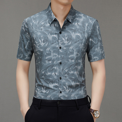 保罗男装短袖衬衫男士夏季新款无痕冰丝免烫弹力中青年夏装衬衣潮