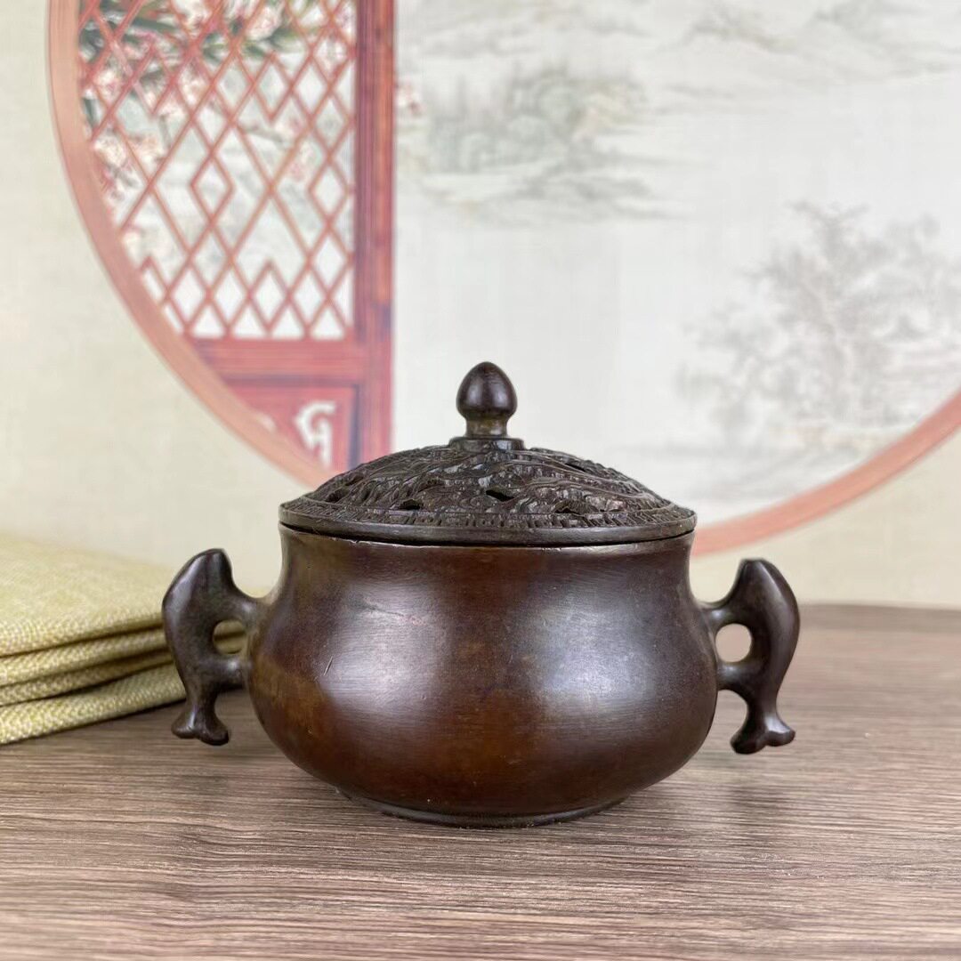 农村收来龙凤大明宣德炉旧货合金铜双鱼耳古董老货铜器铜印章摆件